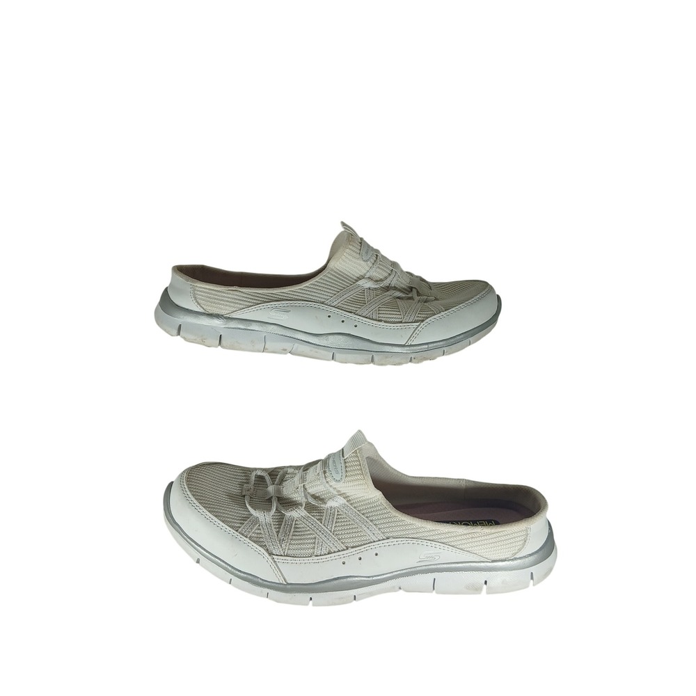 Skechers 23777 Slip On Mules 8 White Silver Air Cooled Memory Foam Athleisure